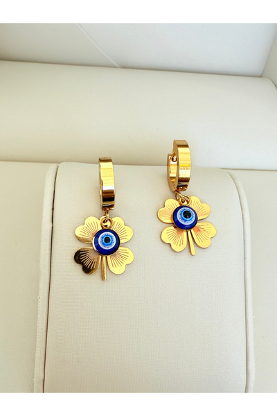 ATLASAKSESUARR Nazar Boncuklu Yonca Model Gold Çelik Küpe