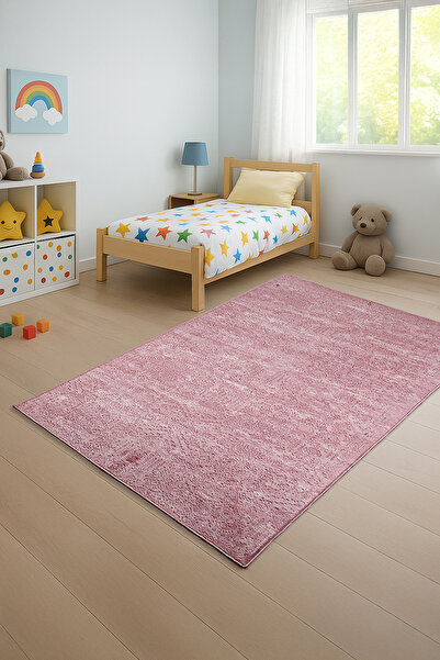Bestekar Lunessa Pembe Kaymaz Tabanlı Makinede Yıkanabilir Yumuşak Yüzeyli Leke Tutmaz Çocuk Odası Halısı