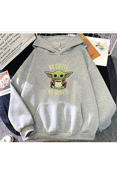 Vestiti Hanorac supradimensionat unisex gri Yoda maro cu glugă cu imprimeu