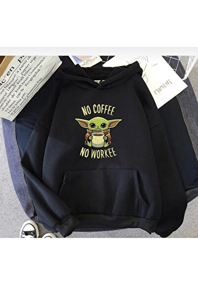 Vestiti Hanorac oversize cu glugă cu imprimeu cafea Yoda negru unisex