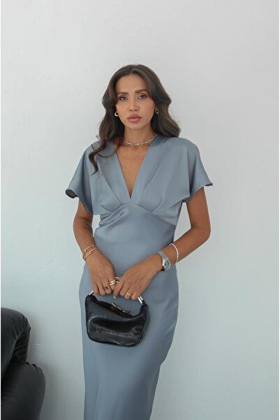 Havoş Gray V-Neck Satin Dress