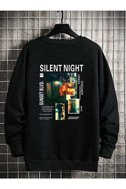 Vestiti Hanorac de iarnă Silent Night - Negru Imprimat cu buzunar supradimens...