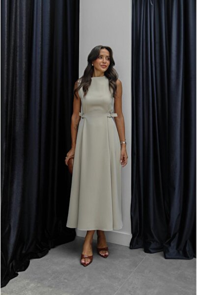 Havoş Stone Color Patchwork Belt Detailed Dress