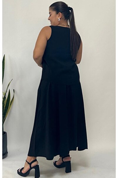 FOR ESRA BIG TREND Women's Plus Size Sleeveless Round Neck Top Elasticated Waist Below the Waist Long Skirt Blouse 2-Piece Woven Set