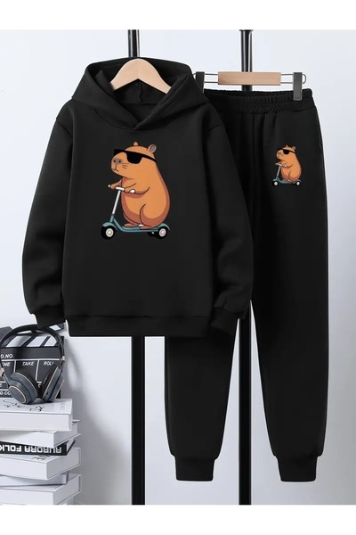 buendiakids Kız\Erkek Çocuk Siyah Scooter Capybara Baskılı Kapşonlu Eşofman T...