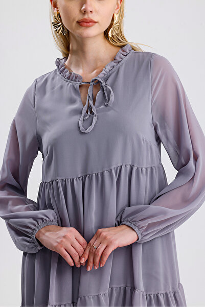 Sense Φόρεμα με μακρύ μανίκι σιφόν με εσωτερική επένδυση ELB32766 Γκρι