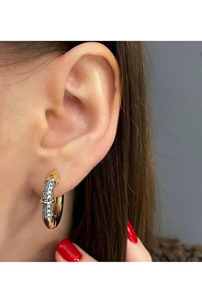 FASHİON JEWELRY Altın Kaplama İki Renk Taş Detaylı Küpe Kararmaz 14K Rengindedir 2cm