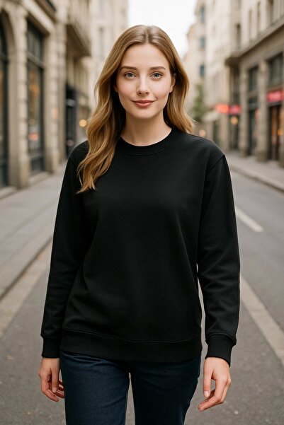 LC Waikiki سويت شيرت نسائي بأكمام طويلة ورقبة دائرية باللون الأسود