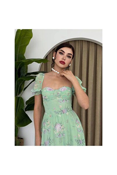 POLEXP Φόρεμα με μοτίβο ψηφιακής εκτύπωσης από ύφασμα σιφόν πράσινο