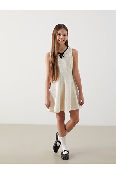 LC Waikiki LCW Kids Ecru Crew Neck Girls' Tweed Dress