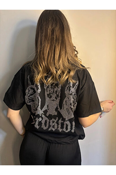 Violon Taş İşlemeli Hardstone Desenli Siyah Oversize Unisex T-shirt