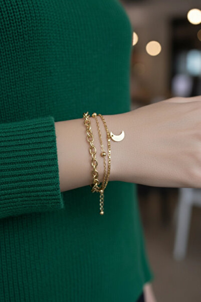 PRVT Altın Renk Kararmaz Çelik Ay Detaylı Bileklik – Ayarlanabilir Günlük Kullanıma Uygun Kadın Takı