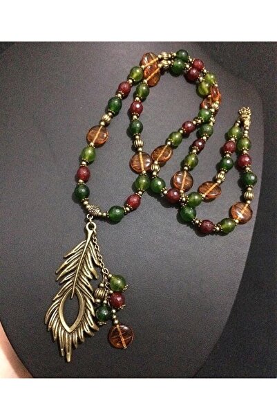 Birtakı'm Şeyler Otantik tavuskuşu tüyü detaylı ceyt taşlı el yapımı kolye