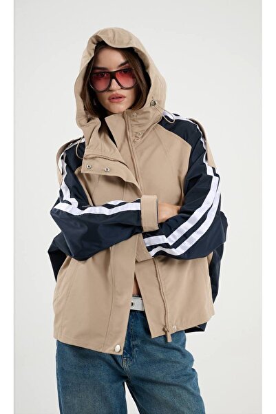Beige Raincoat with Sleeve Stripes and Hood