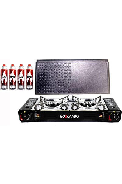 Generic موقد تخييم مزدوج الشعلات يعمل بالبوتان من GO2CAMPS مع صينية شواء ولوح تسخين كاستون وHumBurger ومجموعة من
