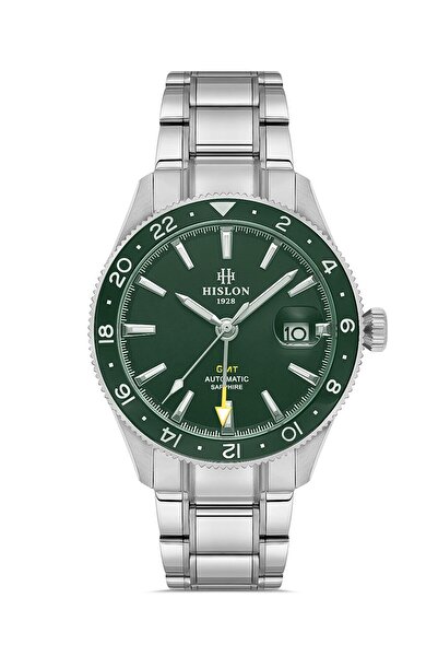 Hislon Men's Silver-Green Steel Case Round Dial Metal Band Wrist Watch Quartz Mechanism Analog Display