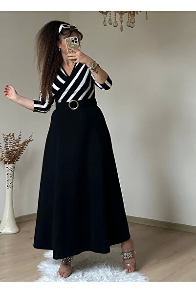 azra moda Beyaz Cızgılı Halka Kemerlı Trıko Elbise