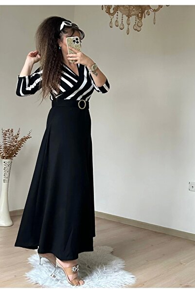 azra moda Beyaz Cızgılı Halka Kemerlı Trıko Elbise