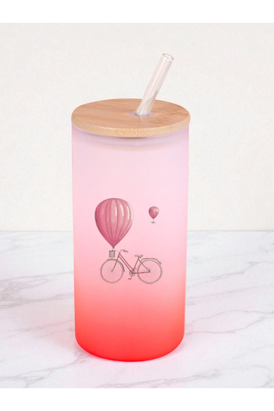 lili hediyelik 600 ml Glass Flask with Balloon and Bicycle Print - Water Flask, Water Bottle Flask, Glass Flask with Straw