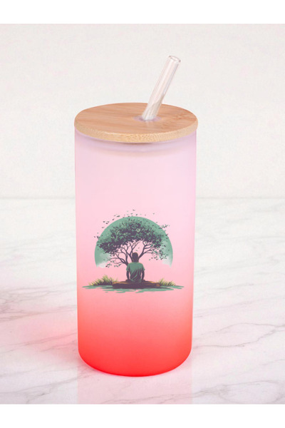 lili hediyelik 600 ml Glass Flask with Human Image Printed on It under a Tree - Water Flask, Drinking Flask, Glass Flask with Straw