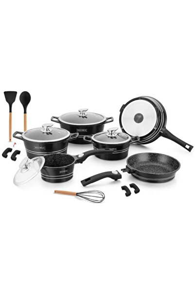 Royalty Line Set de oale și tigăi RL-ES2014M, negru lucios, 14 piese, finisaj marmorat, inducție, negru