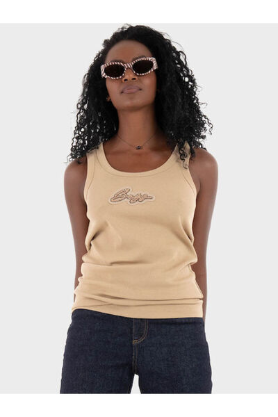 HUGO Women's Beige Tank Top with Stone Embroidered Logo Pattern on Woven Fabric Chest 50545486-222