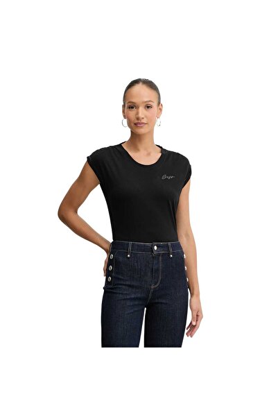 HUGO Women's Comfortable Fit Round Neck 100% Cotton Off-Shoulder Short Sleeve Black T-Shirt 50545521-001