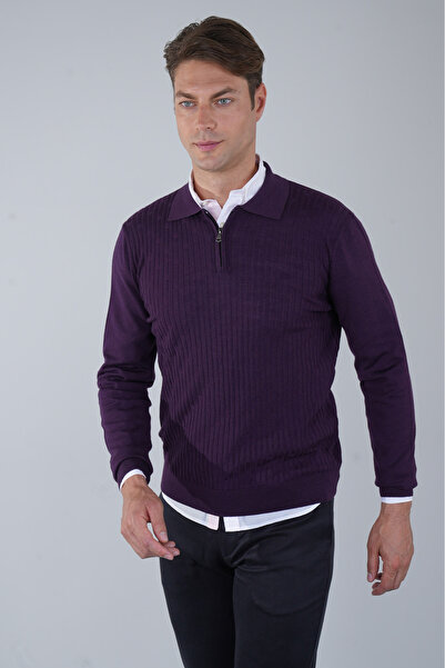 Bisse TR 23204 POLO YAKA FERMUARLI ÖN JAKAR TRİKO Mürdüm