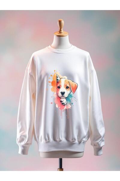 Vordevia سويت شيرت أبيض كبير الحجم مصنوع من القطن بطبعة كلب و3 خيوط