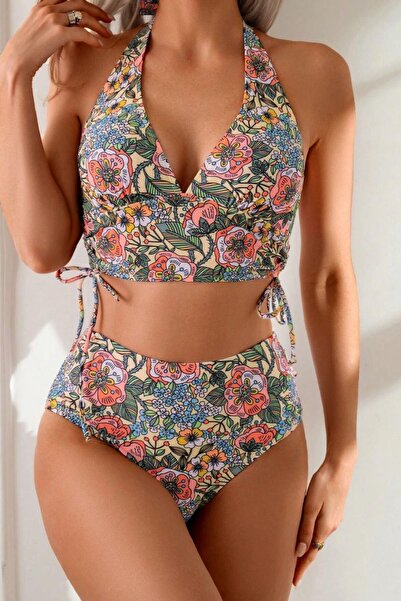 Wesby Desenli Yandan Yüksek Bel Büzgülü Bikini Takımı