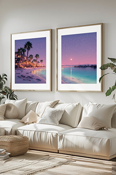 STARYUNA Set de pictură dublă cu palmieri în rama din lemn, cu vedere la mare...