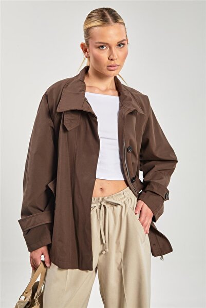 BARRELS AND OIL Kadın Dik Yaka Cepli Fermuarlı Trençkot - Kahve