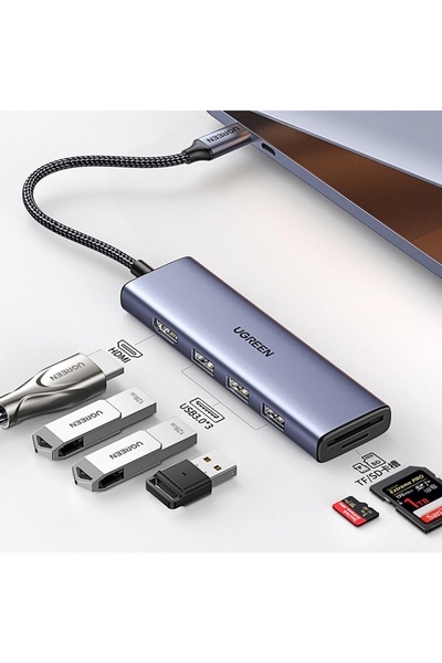 Ugreen Docking Station Type-C to 3x USB3.0, HDMI 4K, 5Gbps, Card Reader SD/TF, 104MB/s, Gray