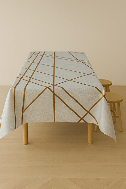 Rona Home Removable Luxury Waterproof Non-Slip Pvc Tablecloth Oilcloth Gold Stripe Pattern Table Cloth