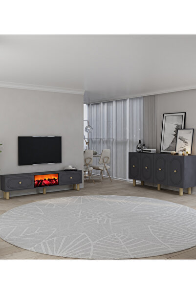 DEMONTE DECOR POLENDH BOHEM KONSOL (KB150), BOHEM ŞÖMİNELİ (A) TV SEHPASI 2Lİ SALON TAKIMI ANTRASİT-ANTRASİT