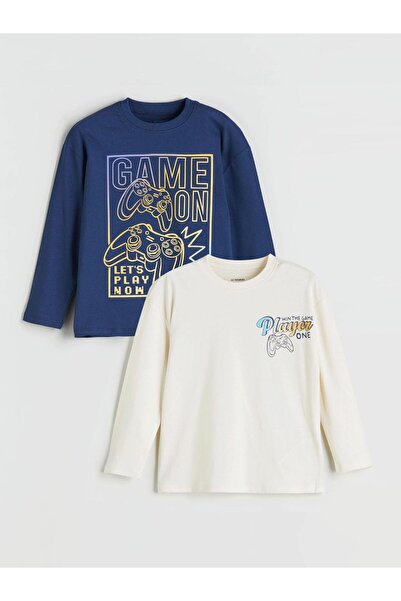 LC Waikiki Beige Crew Neck Printed Long Sleeve Boys' T-Shirt 2-Pack