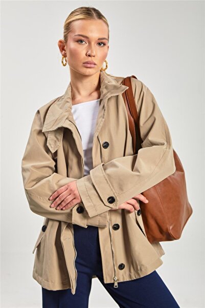 BARRELS AND OIL Kadın Dik Yaka Cepli Fermuarlı Trençkot - Vizon