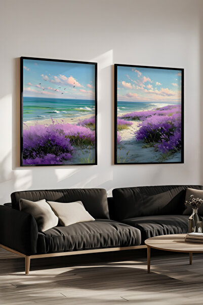 STARYUNA Set de pictură dublă cu efect de pictură în ulei, cu cadru negru, cu vedere la câmpul de lavandă și la mare Yuna395