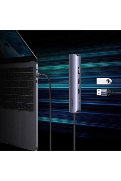 Ugreen Σταθμός σύνδεσης Type-C σε 2x USB3.0, HDMI 4K@60Hz, RJ45 Gigabit, Type-C PD100W, 5Gbps, Γκρι