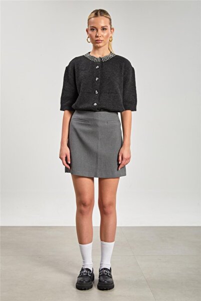 BARRELS AND OIL Kadın Yaka Taşlı Kısa Kol Triko Hırka - Antrasit