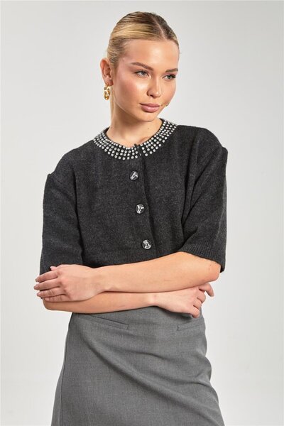 BARRELS AND OIL Kadın Yaka Taşlı Kısa Kol Triko Hırka - Antrasit