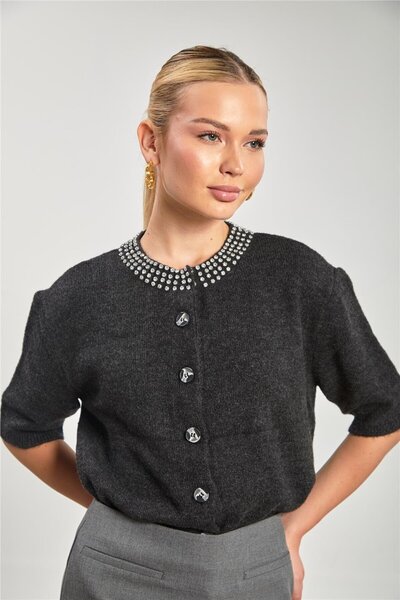 BARRELS AND OIL Kadın Yaka Taşlı Kısa Kol Triko Hırka - Antrasit