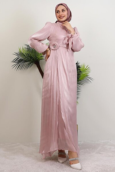 GİYZAMİLA Beli Gül Detay Abiye Pudra