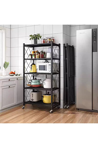 Living Rectangular Metal Shelf with 5 Tiers, Foldable and Mobile with Wheels,...