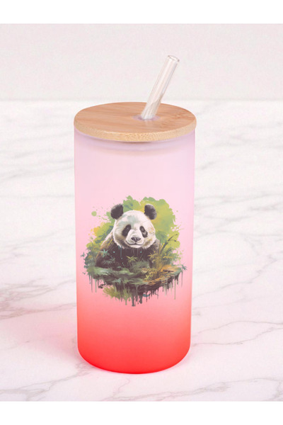 lili hediyelik Panda Printed 600 ml Glass Flask in Greenery - Water Flask, Drinking Flask, Glass Flask with Glass Straw