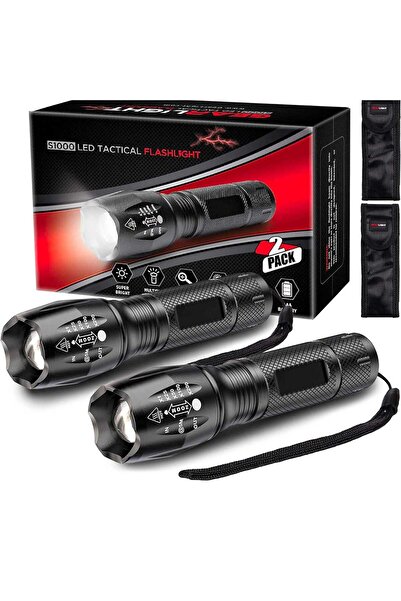 Elindor Set de 2 lanterne LED extra luminoase, 1040 lumeni, 2 baterii AAA sau 18650, negre