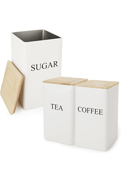 erorex Tea Coffee Sugar Canisters, Metal Storage Container Jar Bamboo Lids Perfect Sugarr Tea Coffee Set