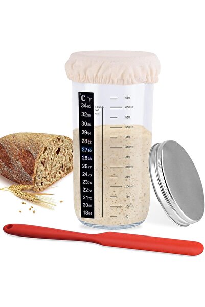 erorex Sourdough Starter Jar Kit, 650Ml Wide Mouth Sour Dough Starter Container Thermometer, Scraper,