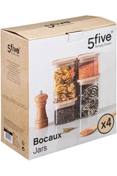erorex Five Glass Jar X 4 Stackable + Wooden Lid, 10 X 10 X 8.2 Cm/10 X 10 X 8.2 Cm/10 X 10 X 15.2 Cm/10 X