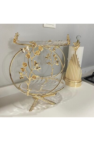 AZADE BAKIR حامل عرض زجاجي مزدوج الطبقات من النحاس الذهبي مع عصا دوارة